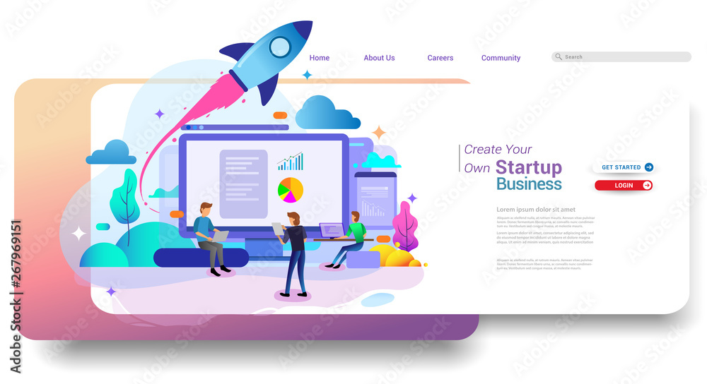 Wall mural landing page design concept of startup business, successful startup business concept. vector illustr