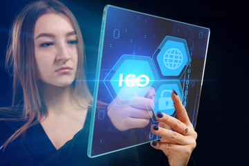 Business, technology, internet and networking concept. Young entrepreneur showing keyword: ICO