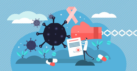 Oncology vector illustration. Tiny cancer disease research persons concept.