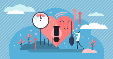 High blood pressure vector illustration. Tiny heart disease persons concept