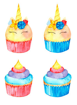 Magic set of cute unicorn and rainbow cupcakes. Watercolor illustration. Isolated on a white background.