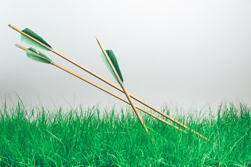 Three wood arrow. Beautiful gray background. Medieval weapons are handmade.