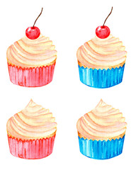 Sweet set of cute cupcakes. Watercolor illustration. Isolated on a white background.