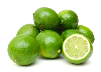 lime lemons group and half on white background