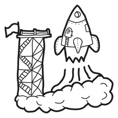 Cartoon doodle illustration of rocket launch into space for t-shirt print design, postcards