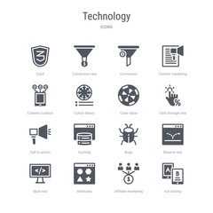 set of 16 vector icons such as a/b testing, affiliate marketing, attributes, back end, bounce rate, bugs, caching, call to action from technology concept. can be used for web, logo, ui\u002fux