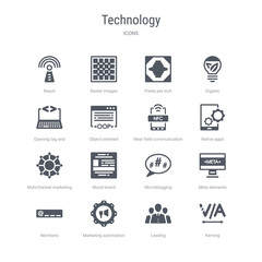 set of 16 vector icons such as kerning, leading, marketing automation, mentions, meta elements, microblogging, mood board, multichannel marketing from technology concept. can be used for web, logo,