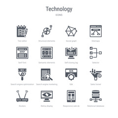 set of 16 vector icons such as relational database management system, responsive web de, retina display, routers, sales funnel, sdk, search engine marketing, search engine optimization from