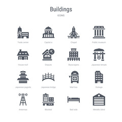 Fototapeta na wymiar set of 16 vector icons such as metallic blind, bed side, blocked, antennas, outrage, mail box, japanese bridge, japanese pagoda from buildings concept. can be used for web, logo, ui\u002fux