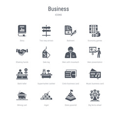 set of 16 vector icons such as big ferris wheel, stats pyramid, ingot, mining cart, music business card, color business card, supermarket cashier, bank teller from business concept. can be used for