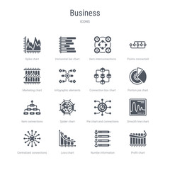Obraz premium set of 16 vector icons such as profit chart, numbe information, loss chart, centralized connections, smooth line chart, pie and connections, spider item connections from business concept. can be