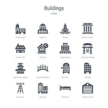 set of 16 vector icons such as metallic blind, bed side, blocked, antennas, outrage, mail box, japanese bridge, japanese pagoda from buildings concept. can be used for web, logo, ui\u002fux