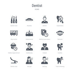 set of 16 vector icons such as tooth whitening, sick boy, sick girl, dentist chair, cavities, implant, healthy boy, medical appointment from dentist concept. can be used for web, logo, ui\u002fux