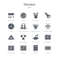 set of 16 vector icons such as equation, math book, square root, is not an element of, is an element of, experimentation, chemical diagram, tonne from education concept. can be used for web, logo,