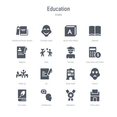 set of 16 vector icons such as book shop, medallion, intellectual, eco book, drama, book shelf, as, wake up from education concept. can be used for web, logo, ui\u002fux