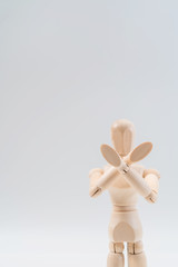 Refusal gesture, Wooden dummy, crossed hands on white background, copy space for your object or text