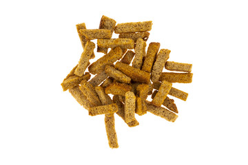 Dry croutons isolated on white background. beer snack