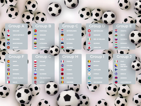 European football tournament qualification groups, 2020. White table with football balls. 3D illustration.