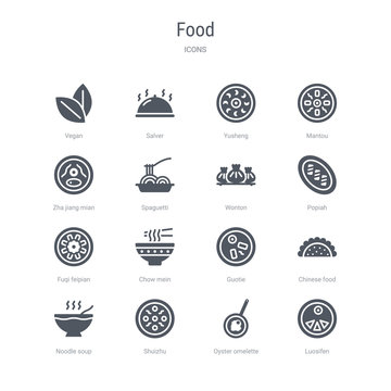 set of 16 vector icons such as luosifen, oyster omelette, shuizhu, noodle soup, chinese food, guotie, chow mein, fuqi feipian from food concept. can be used for web, logo, ui\u002fux