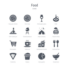 set of 16 vector icons such as empty bowl, cake graphic, canjica, goiabinha, knife and fork, hamburguer & drink, coffe cup, cart graphic from food concept. can be used for web, logo, ui\u002fux