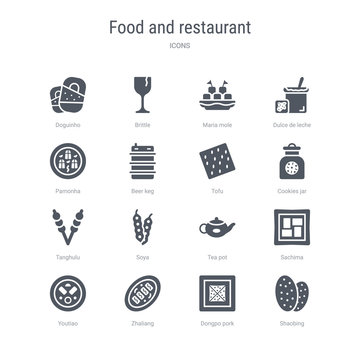 set of 16 vector icons such as shaobing, dongpo pork, zhaliang, youtiao, sachima, tea pot, soya, tanghulu from food and restaurant concept. can be used for web, logo, ui\u002fux