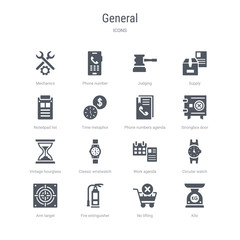 set of 16 vector icons such as kilo, no lifting, fire extinguisher, arm target, circular watch, work agenda, classic wristwatch, vintage hourglass from general concept. can be used for web, logo,