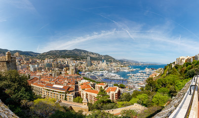 Obraz premium Very wide panorama of Monaco with tribunes for championship of race Formula One