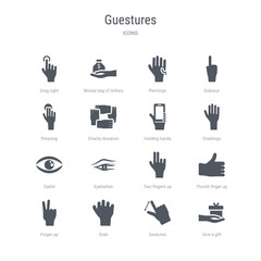 set of 16 vector icons such as give a gift, gestures, grab, finger up, thumb finger up, two fingers up, eyelashes, eyelid from guestures concept. can be used for web, logo, ui\u002fux