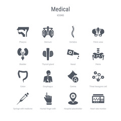 set of 16 vector icons such as heart rate monitor, hospital placeholder, hurted finger with bandage, syringe with medicine, three hexagons cell, canine, esophagus, colon from medical concept. can be