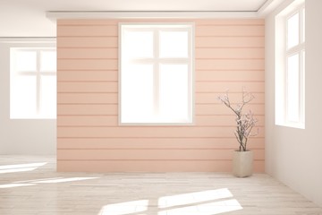 Fototapeta premium Empty room in coral color. Scandinavian interior design. 3D illustration