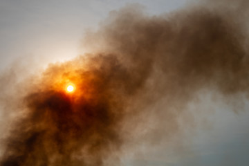 Obraz premium Black Smoke against sunlight blue sky from burning in hottest weather. Weather and pollution concept.