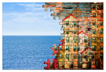 From the city to the beach holidays - concept image in jigsaw puzzle shape