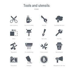 set of 16 vector icons such as megaphone side view, bold, highlight, edit picture, recycling bin, cross wrench, air conditioning, reparation from tools and utensils concept. can be used for web,