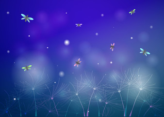 fairy summer night with fireflies, glade silhouette at night, fireflies in the summer dream background, © fona
