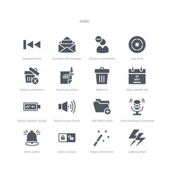 set of 16 vector icons such as lightning flash, magic wand button, slide to unlock, alarm button, voice message microphone button, add folder round volume battery medium charge from ui concept. can