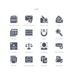 set of 16 vector icons such as unlock folder, multiple file, square stop button, blank file, unlock envelope, face detection, white balance, tungsten from ui concept. can be used for web, logo,