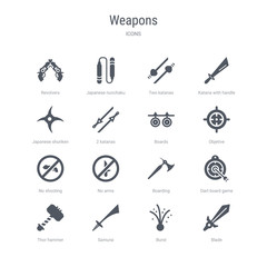 set of 16 vector icons such as blade, burst, samurai, thor hammer, dart board game, boarding, no arms, no shooting from weapons concept. can be used for web, logo, ui\u002fux