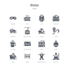 set of 16 vector icons such as snowman, gingerbread man, lights, sled, bauble, chalet, christmas day, hot drink from winter concept. can be used for web, logo, ui\u002fux