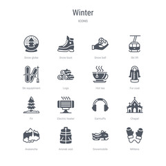 set of 16 vector icons such as mittens, snowmobile, anorak vest, avalanche, chapel, earmuffs, electric heater, fir from winter concept. can be used for web, logo, ui\u002fux