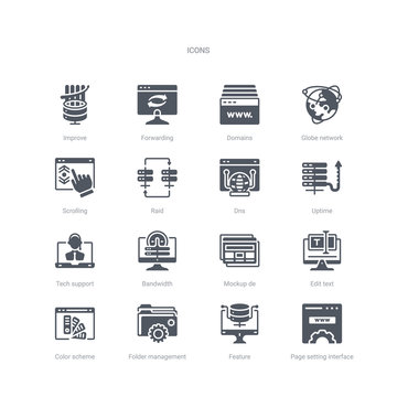 set of 16 vector icons such as page setting interface, feature, folder management, color scheme, edit text, mockup de, bandwidth, tech support from web concept. can be used for web, logo, ui\u002fux