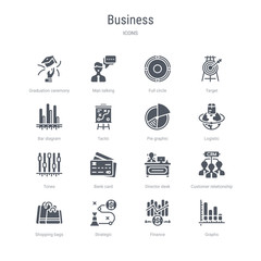 set of 16 vector icons such as graphs, finance, strategic, shopping bags, customer relationship management, director desk, bank card, tones from business concept. can be used for web, logo,