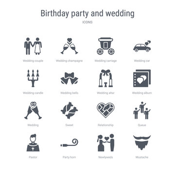 Set Of 16 Vector Icons Such As Mustache, Newlyweds, Party Horn, Pastor, Queue, Relationship, Sweet, Wedding From Birthday Party And Wedding Concept. Can Be Used For Web, Logo, Ui\u002fux