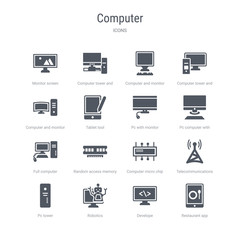 set of 16 vector icons such as restaurant app, develope, robotics, pc tower, telecommunications, computer micro chip, random access memory chip, full computer from computer concept. can be used for