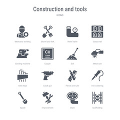 set of 16 vector icons such as scaffolding, drain, improvement, spade, iron soldering, pencil and ruler, caulk gun, allen keys from construction and tools concept. can be used for web, logo,