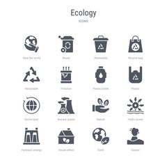set of 16 vector icons such as geyser, earth, house effect, hydraulic energy, hydro power, nature, nuclear power, ozone layer from ecology concept. can be used for web, logo, ui\u002fux