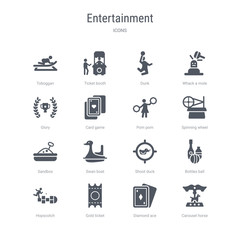 set of 16 vector icons such as carousel horse, diamond ace, gold ticket, hopscotch, bottles ball, shoot duck, swan boat, sandbox from entertainment concept. can be used for web, logo, ui\u002fux