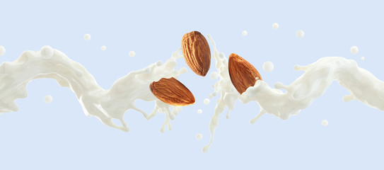 Fresh natural almond milk splash swirl with almonds isolated. Healthy splashing almonds milk or milkshake, almond seeds, yogurt splash. Organic vegan liquid splash dairy commercial.  3D