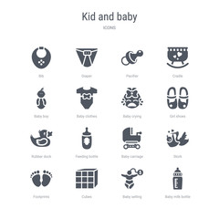 set of 16 vector icons such as baby milk bottle, baby selling, cubes, footprints, stork, baby carriage, feeding bottle, rubber duck from kid and concept. can be used for web, logo, ui\u002fux