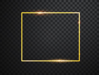 Golden frame with lights effects. Shining rectangle banner. Isolated on black transparent background. Vector illustration, eps 10.
