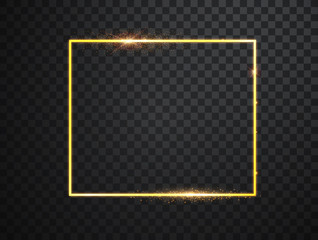 Fototapeta premium Golden frame with lights effects. Shining rectangle banner. Isolated on black transparent background. Vector illustration, eps 10.